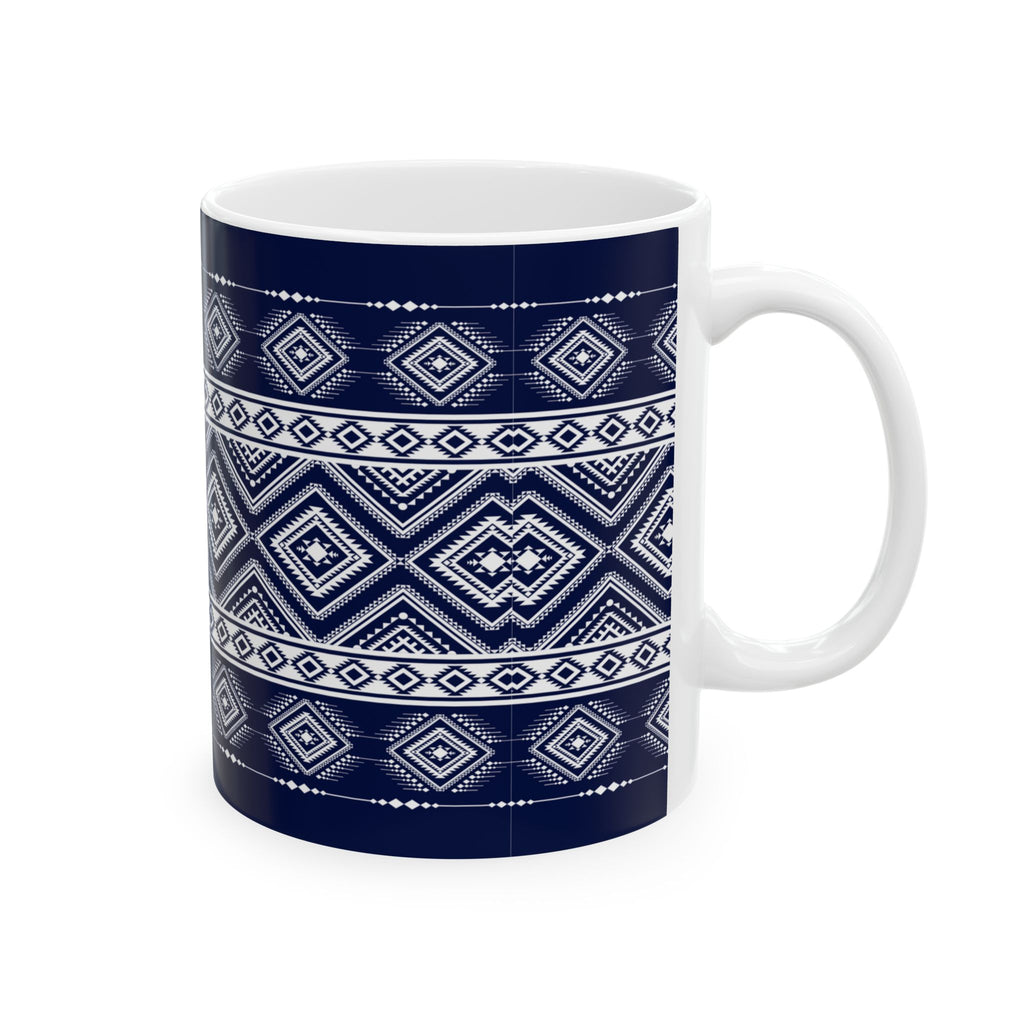 Navy Aztec Pattern Ceramic Mug — Geometric Tribal 11oz & 15oz