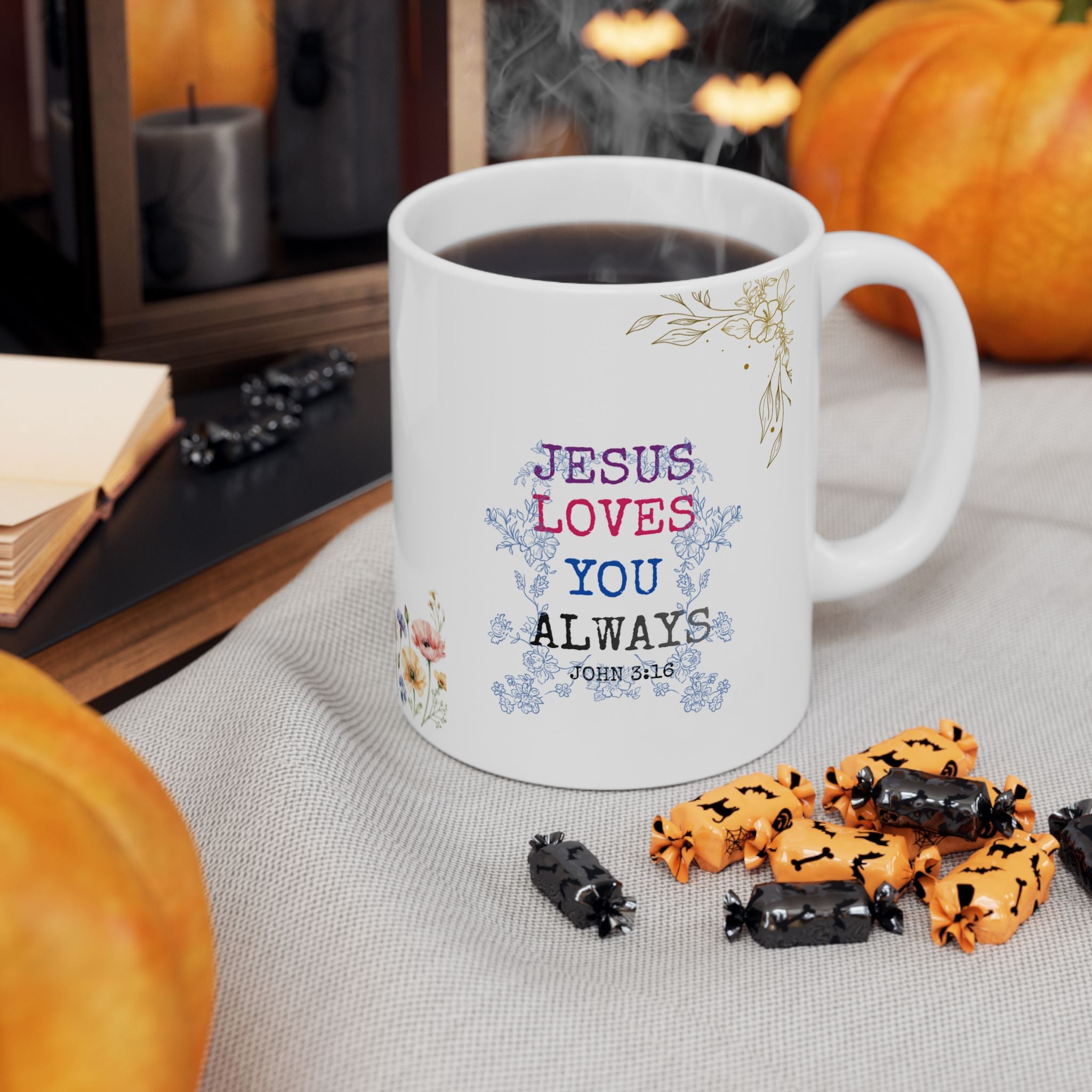 Floral 'Jesus Loves You' Ceramic Mug — Inspirational Christian Coffee Cup (11oz, 15oz)