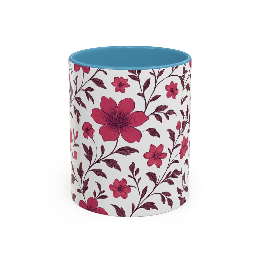 Floral Burgundy Accent Coffee Mug — Pink Blossom Pattern, 11/15oz