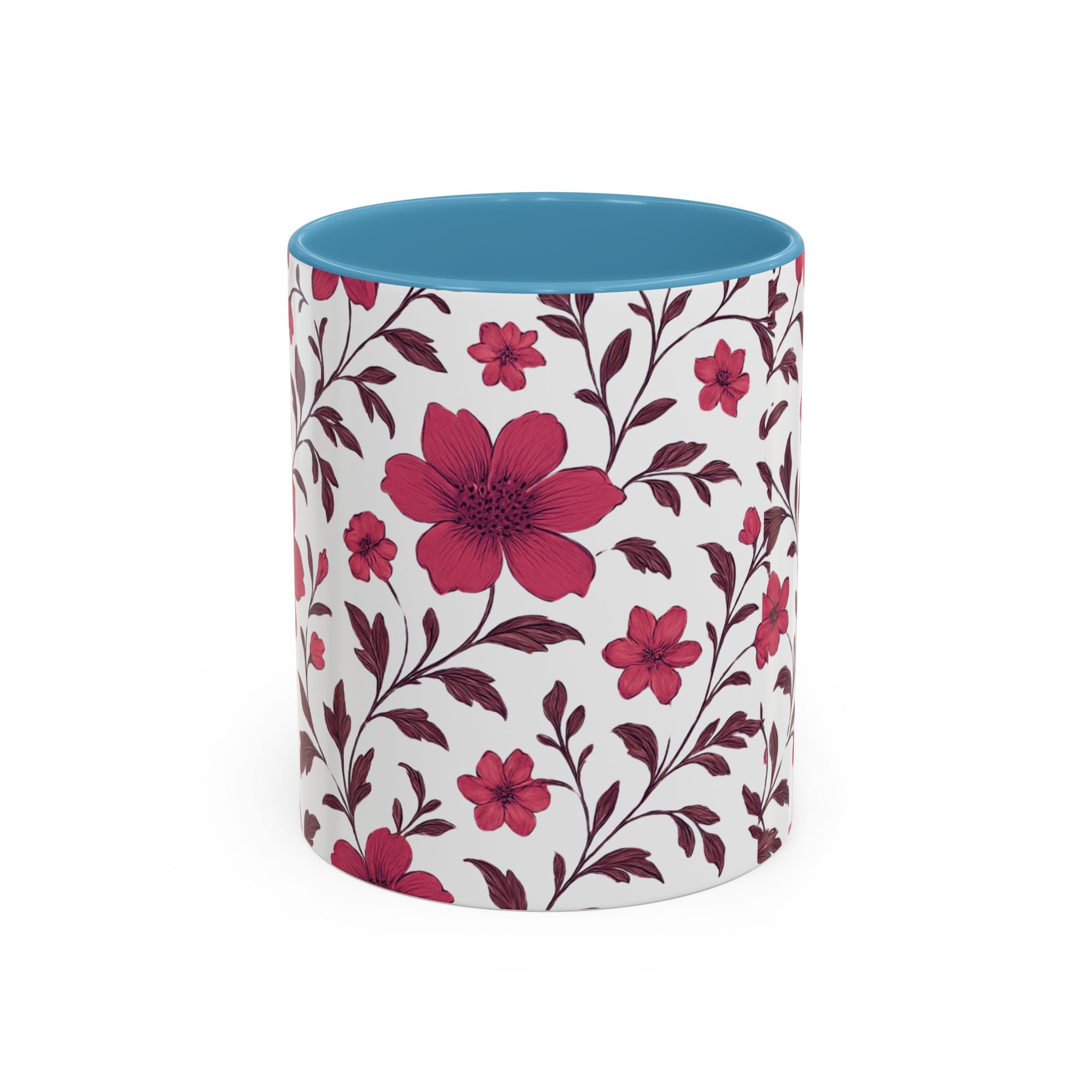 Floral Burgundy Accent Coffee Mug — Pink Blossom Pattern, 11/15oz
