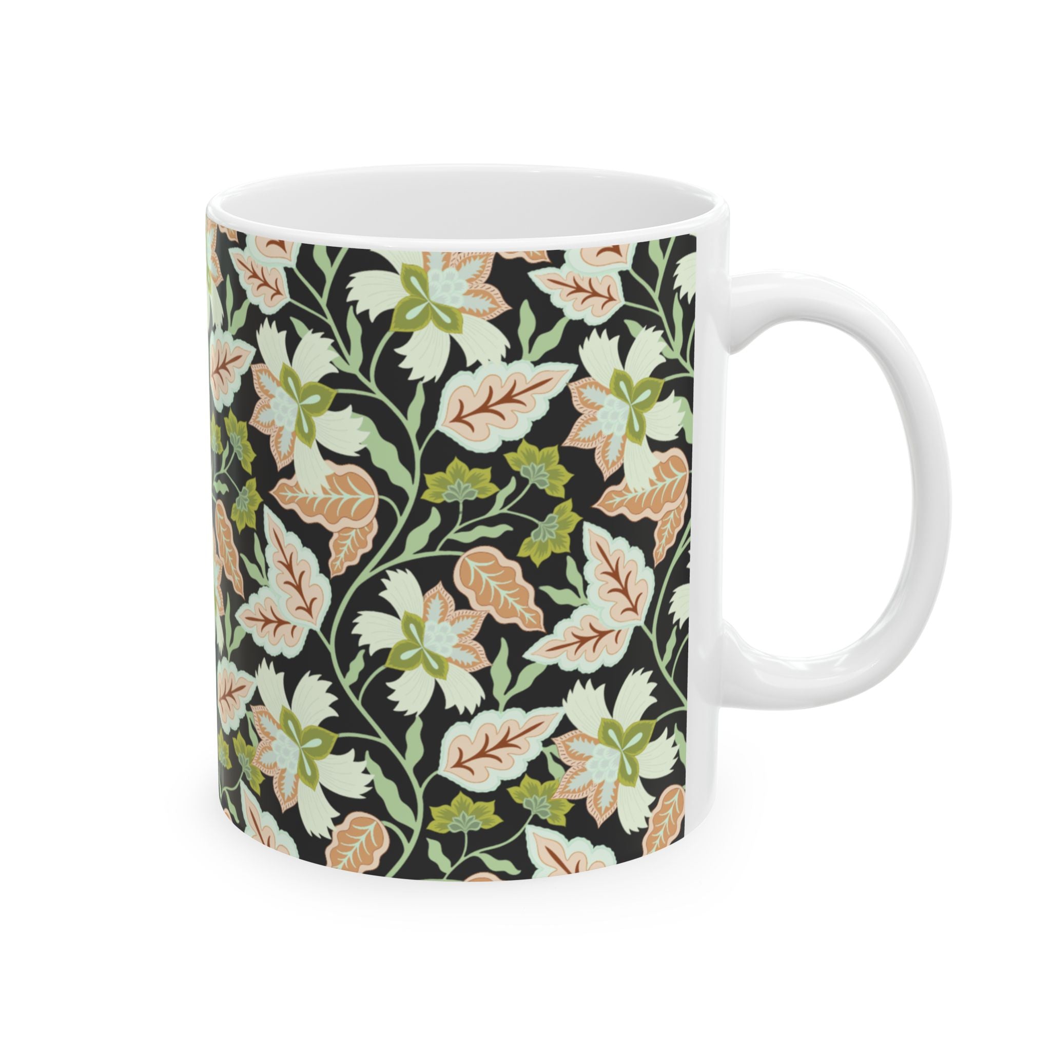 Floral Vine Ceramic Mug — Black Background Vintage Botanical Coffee Cup (11oz, 15oz)