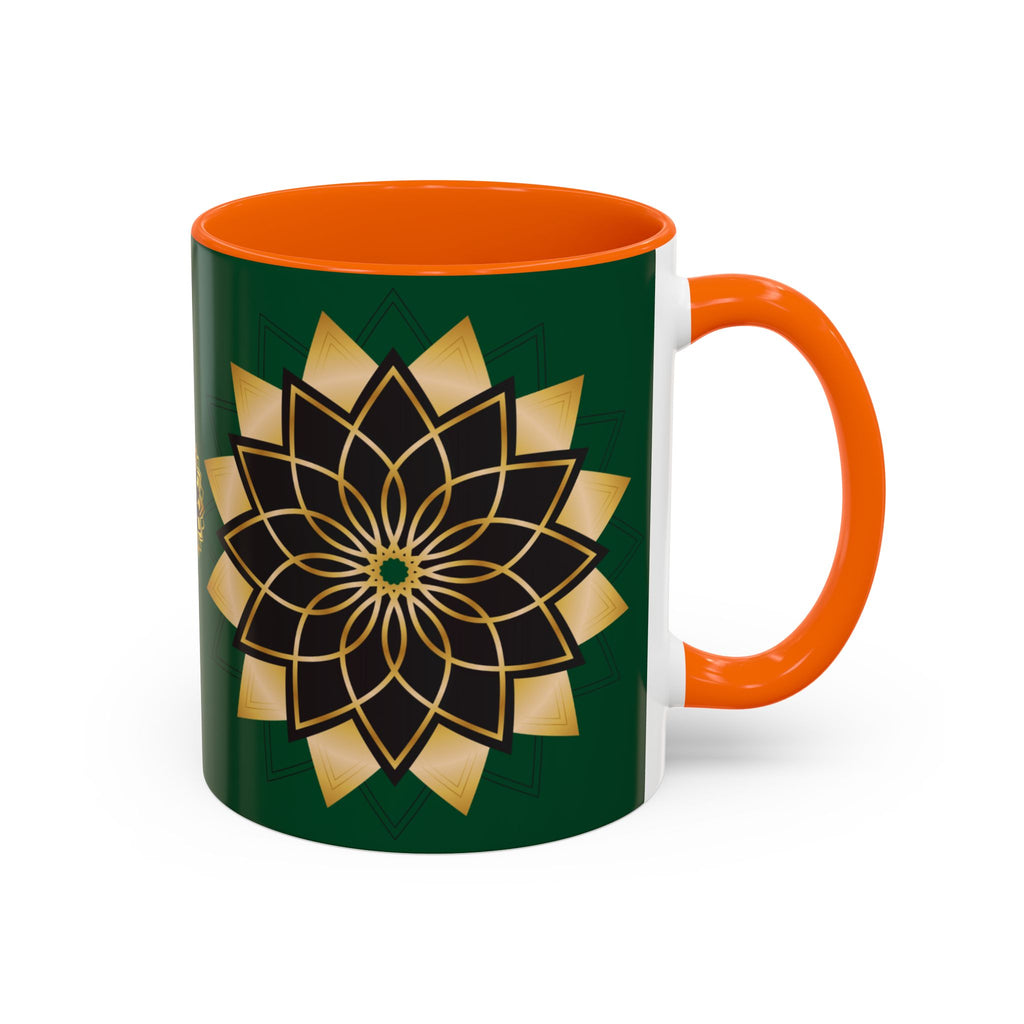 Gold Mandala Accent Coffee Mug — Elegant Green & Black Ceramic 11/15oz