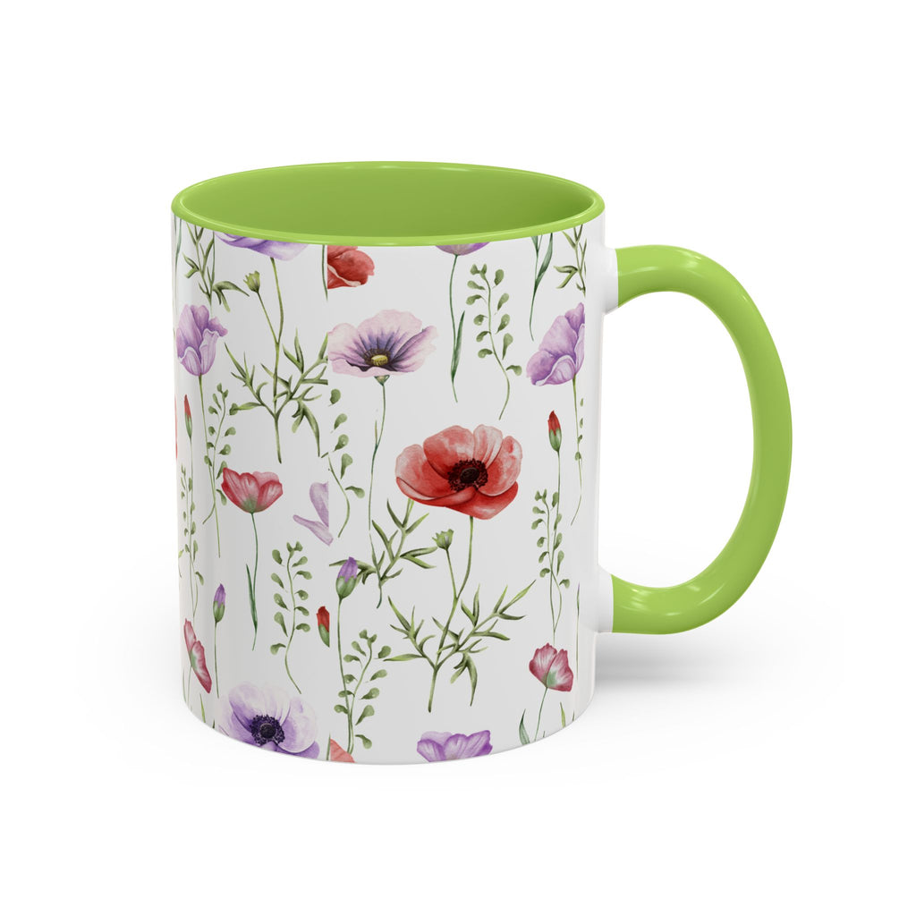 Floral Watercolor Accent Coffee Mug — Poppy & Wildflower Pattern (11/15oz)