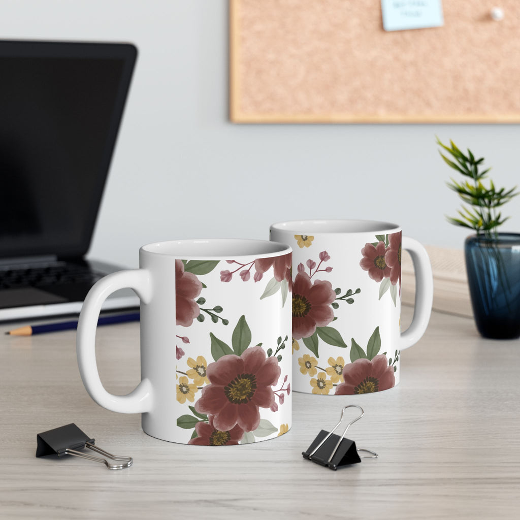Floral Ceramic Mug – Burgundy & Mustard Wildflower Pattern (11oz & 15oz)