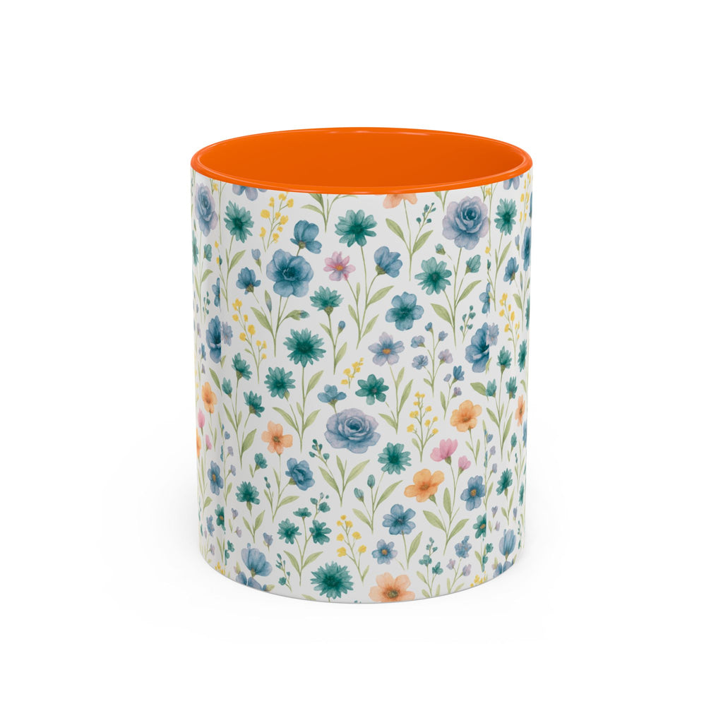 Floral Watercolor Accent Coffee Mug — Blue & Peach Wildflower Pattern (11/15oz)