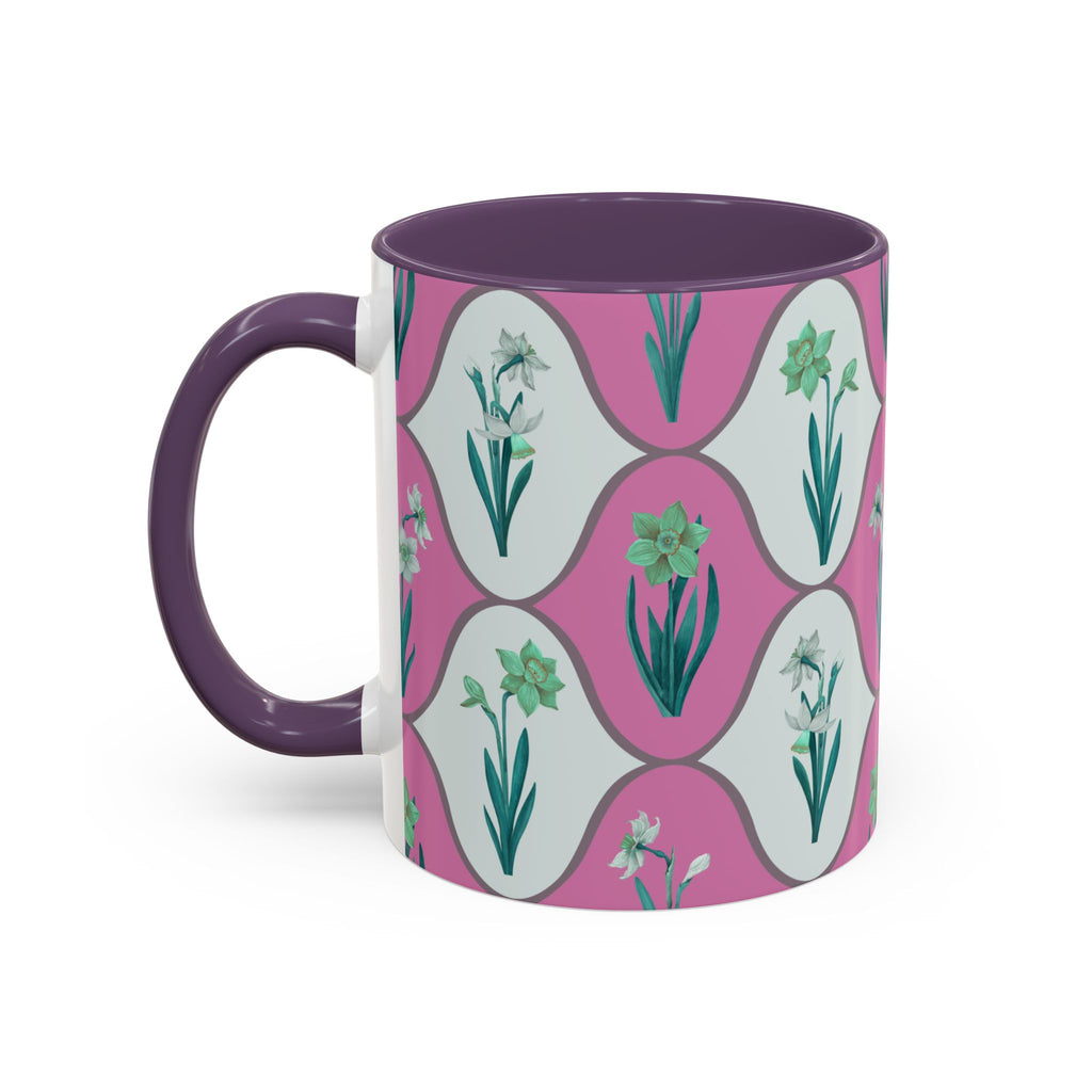 Floral Wave Accent Coffee Mug – Pink Retro Daffodil Pattern (11/15oz)