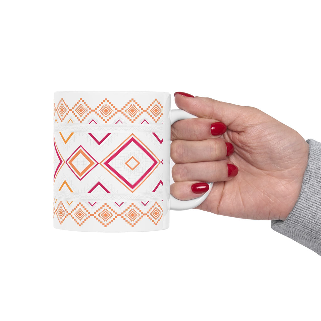 Boho Geo Pattern Ceramic Mug — Pink & Orange Tribal 11oz/15oz