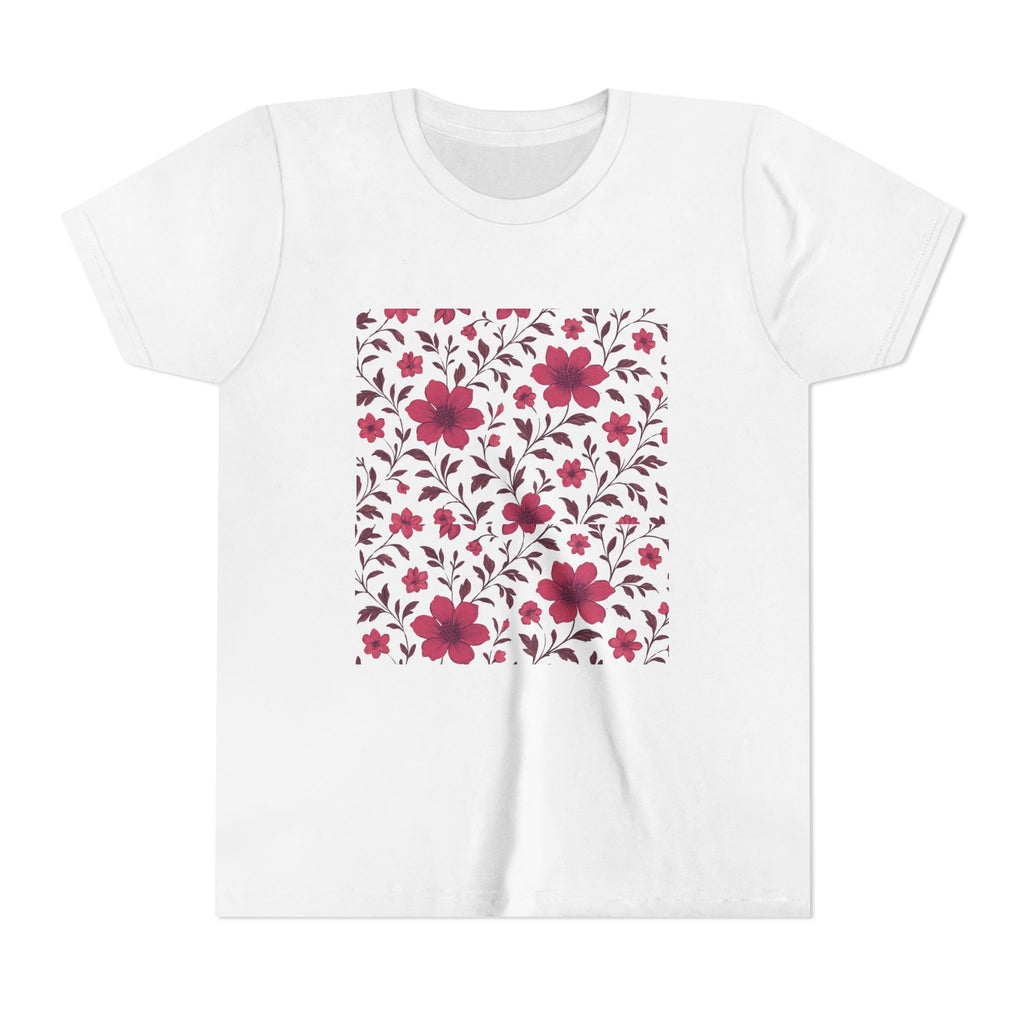 Girls Floral Pattern Youth Tee — Pink Red Blossom Short Sleeve Shirt