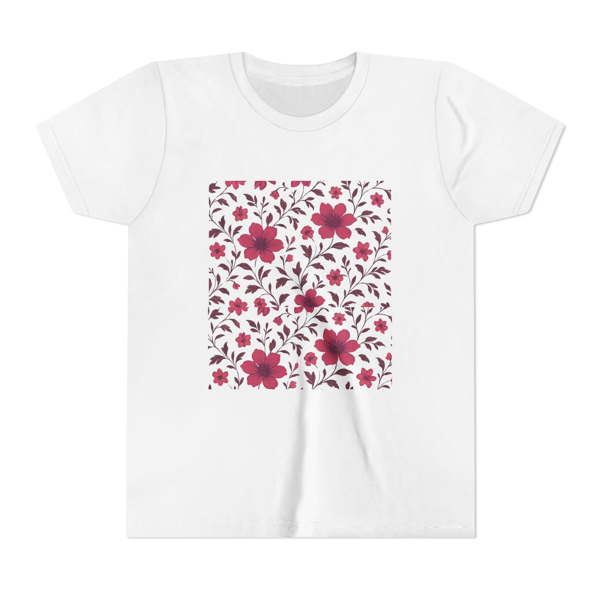Girls Floral Pattern Youth Tee — Pink Red Blossom Short Sleeve Shirt