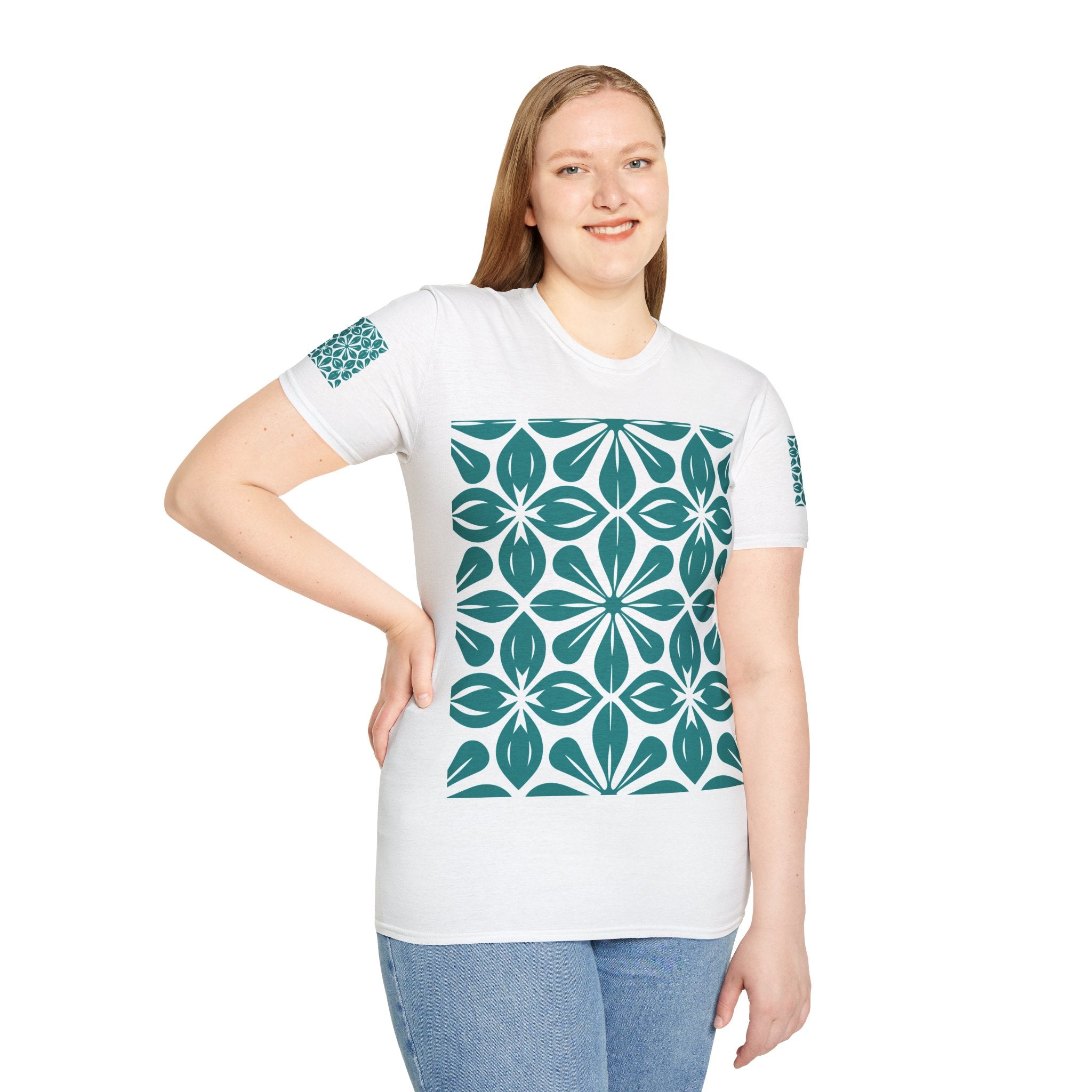 Teal Tile Pattern T‑Shirt — Retro Geometric Floral Graphic Tee