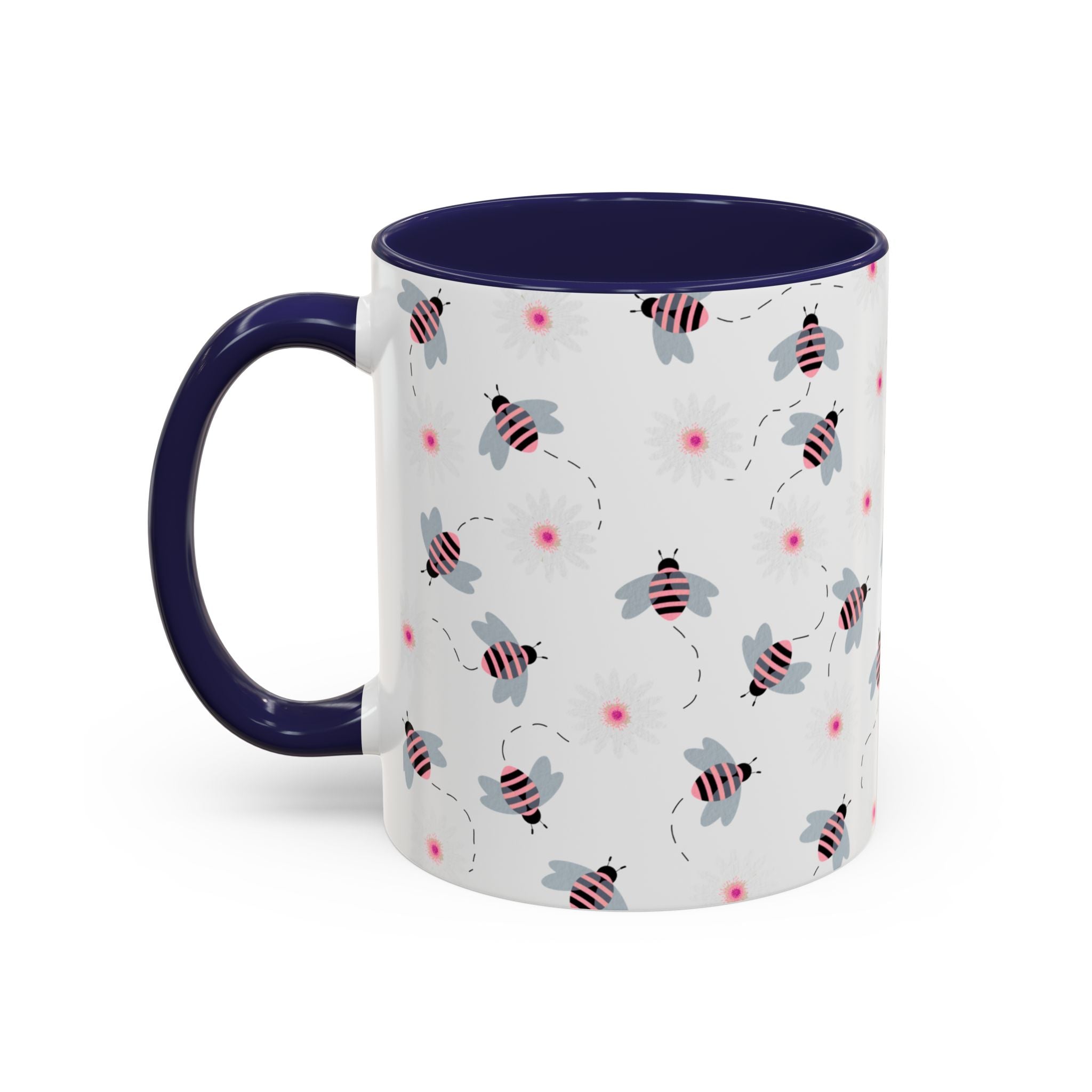 Bee Pattern Accent Coffee Mug — Cute Floral Honeybee Design, 11/15 oz