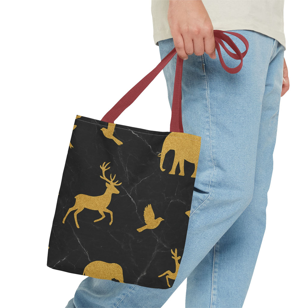 Gold Wildlife Pattern Tote Bag — Black Marble Deer & Elephant All-Over Print