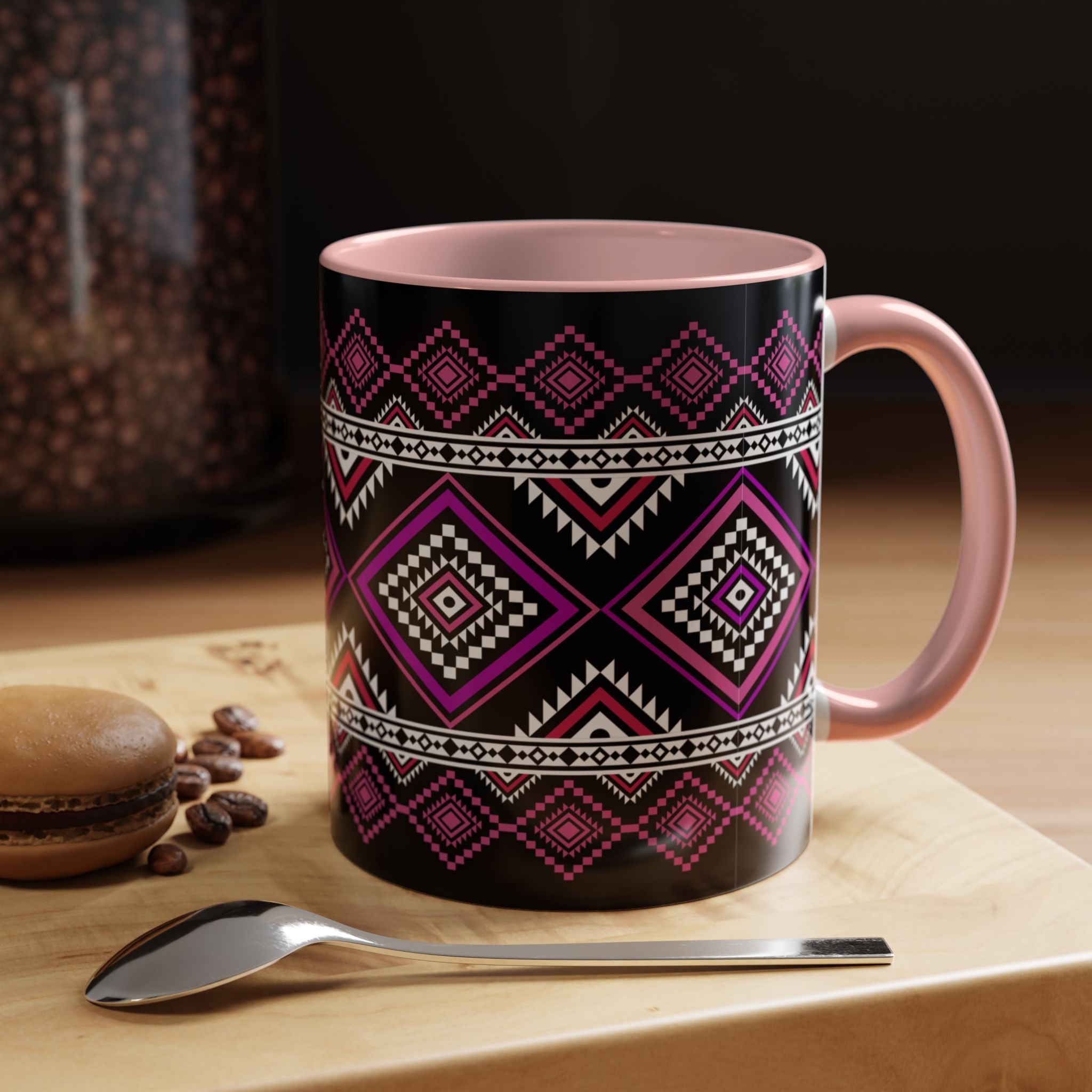 Geometric Aztec Accent Coffee Mug — Pink & Black Tribal Pattern (11/15oz)