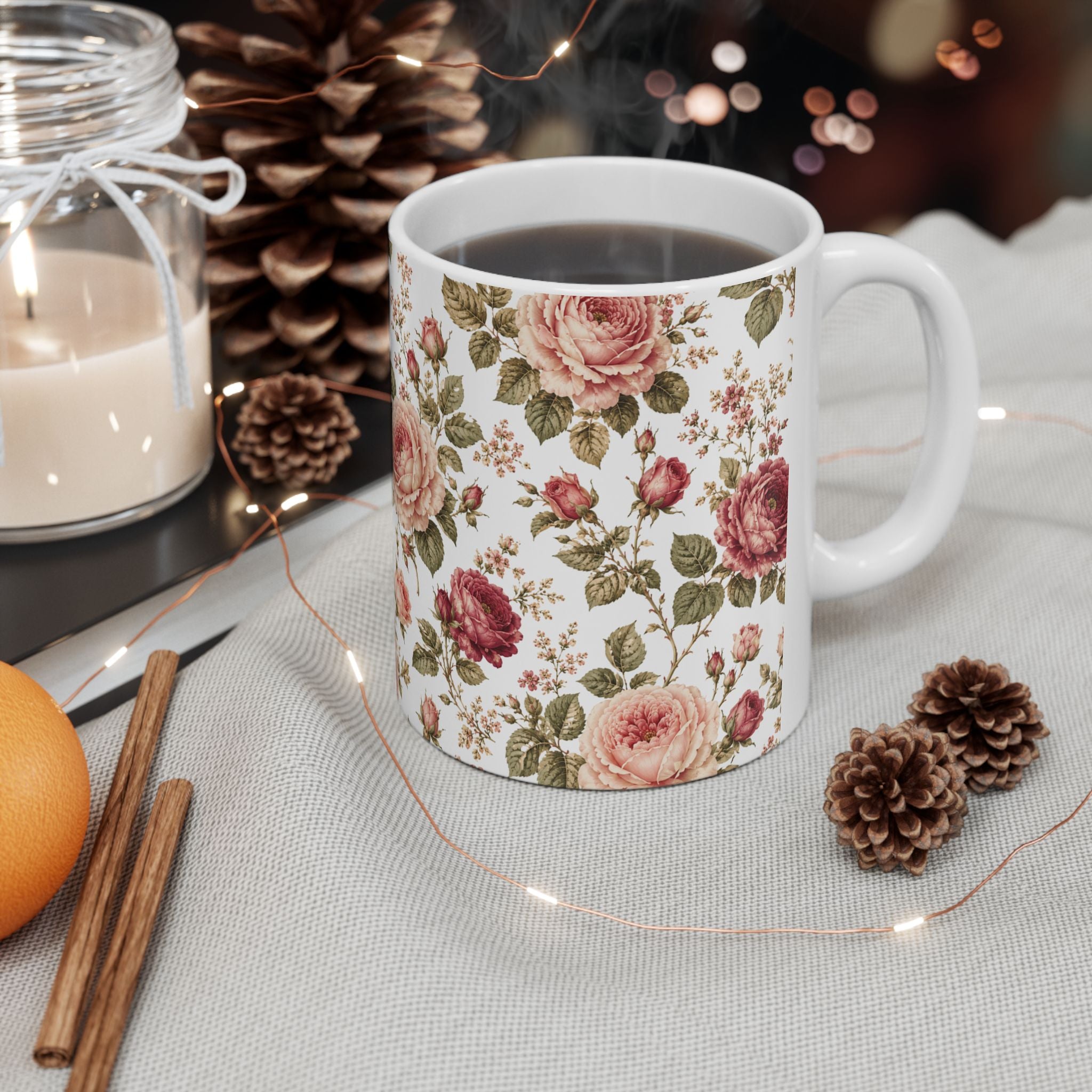 Vintage Rose Floral Ceramic Mug — 11oz & 15oz Tea Coffee Cup