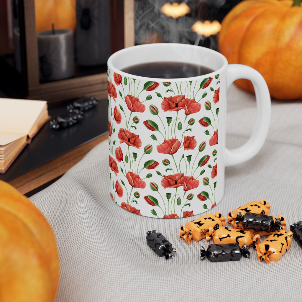 Poppy Pattern Ceramic Mug — Floral Red Poppy Coffee Cup (11oz, 15oz)